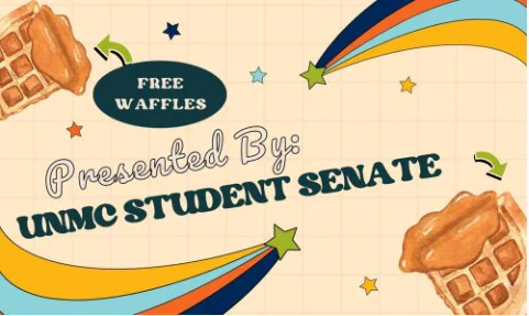 Graphic of waffles covered in syrup alongside shooting star designs with text "Free waffles presented by UNMC Student Senate"