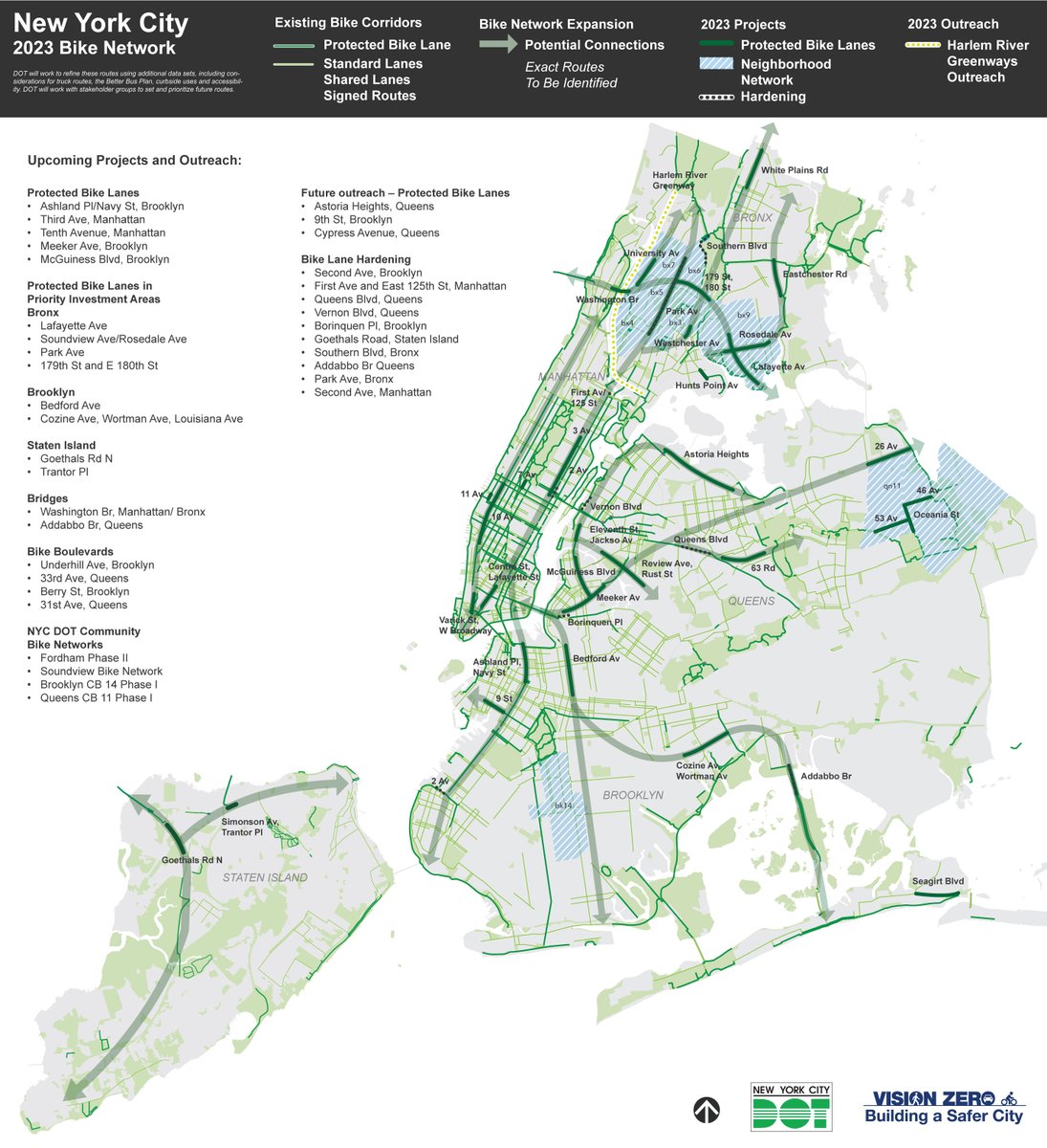 NYC_DOT's tweet photo. Our upcoming protected bike lane projects will include high-ridership areas, bridges &amp; Priority Investment Corridors. Hardening will include installing cement jersey barriers &amp; continuously testing new materials on bike lanes in all five boroughs. Details: https://t.co/sOgXxRGD9x https://t.co/STBVfKlvdk