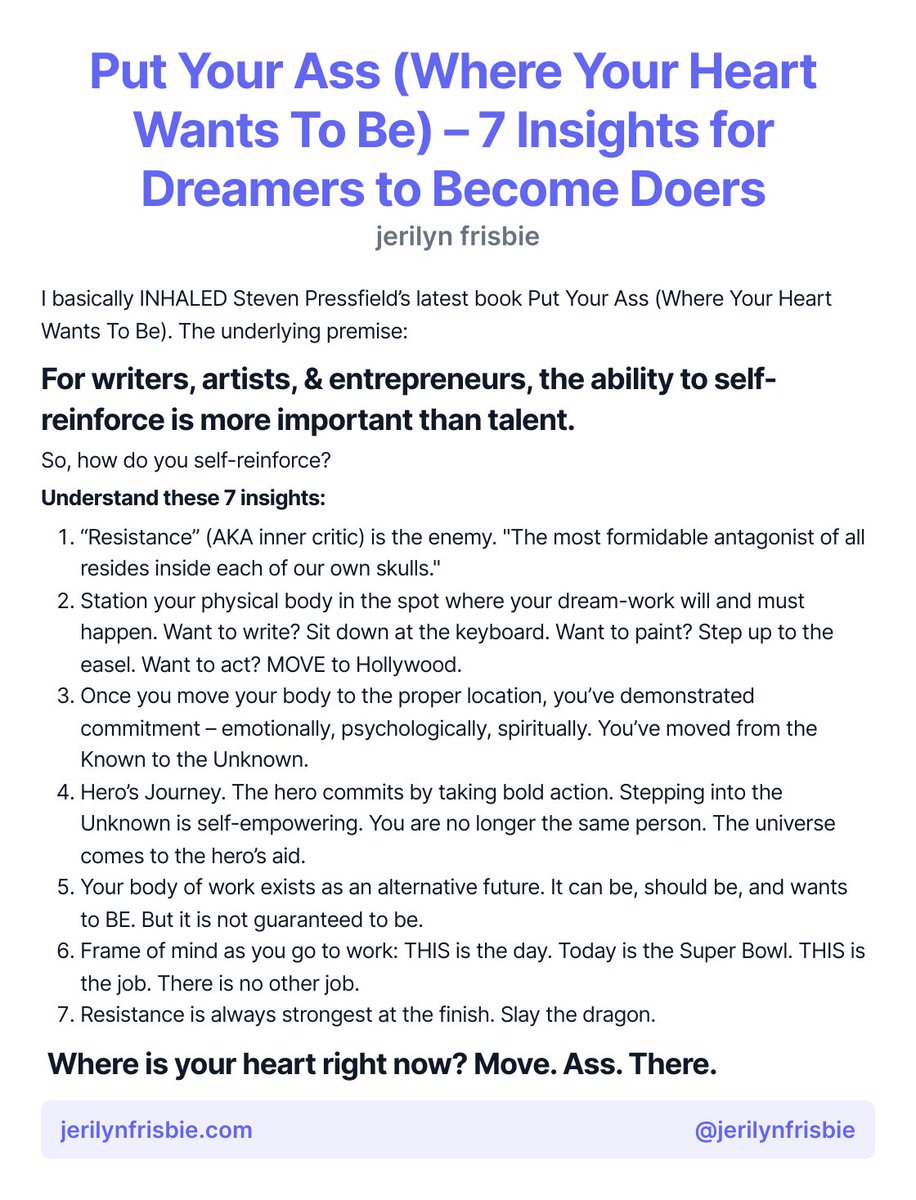 JeriLynFrisbie's tweet image. Put Your Ass (Where Your Heart Wants To Be) – 7 Tips for Dreamers to Become Doers

#ship30for30 #bodyofwork #writer #entrepreneur #artist @Spressfield