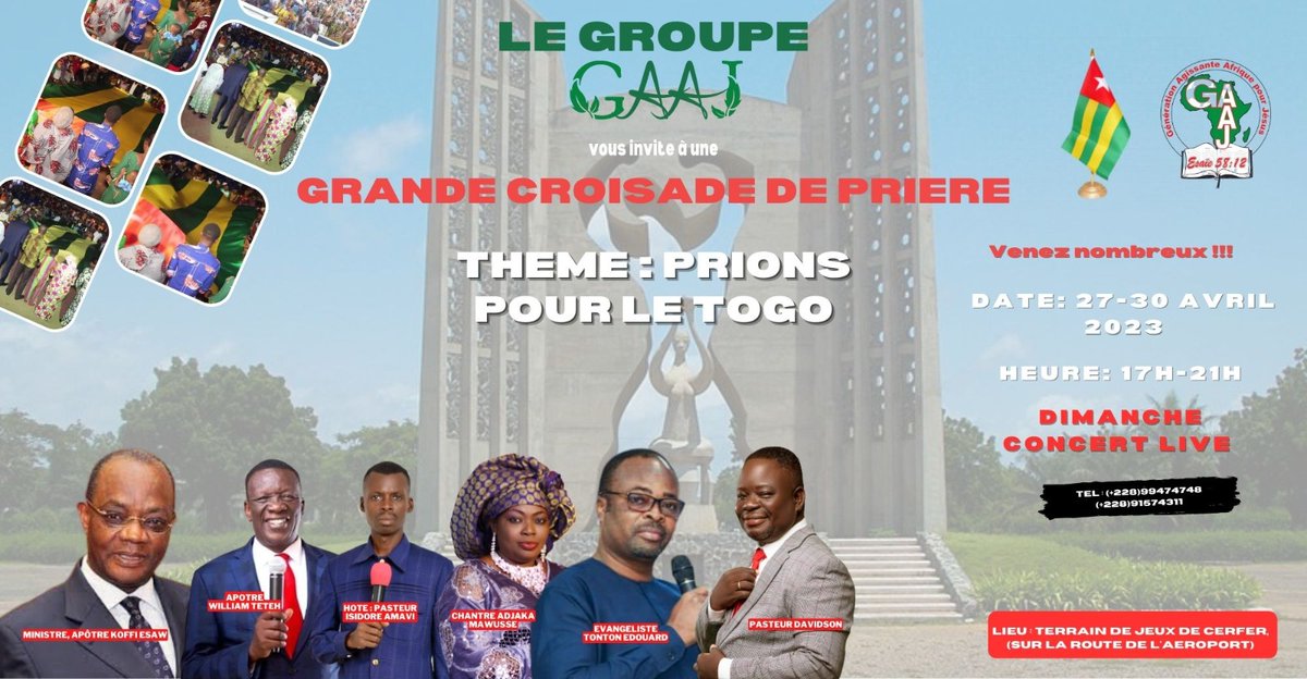 firealtar_minis's tweet photo. La Génération Agissante Afrique pour Jesus, le Groupe GAAJ organise une croisade de Prière pour le TOGO. Recherchons tous ensemble le bien pour notre cher Nation car notre bonheur dépend du sien. Du 27 au 30 Avril 2023 nous vous invitons massivement à venir prier pour le TOGO. https://t.co/zgUN6PPicl