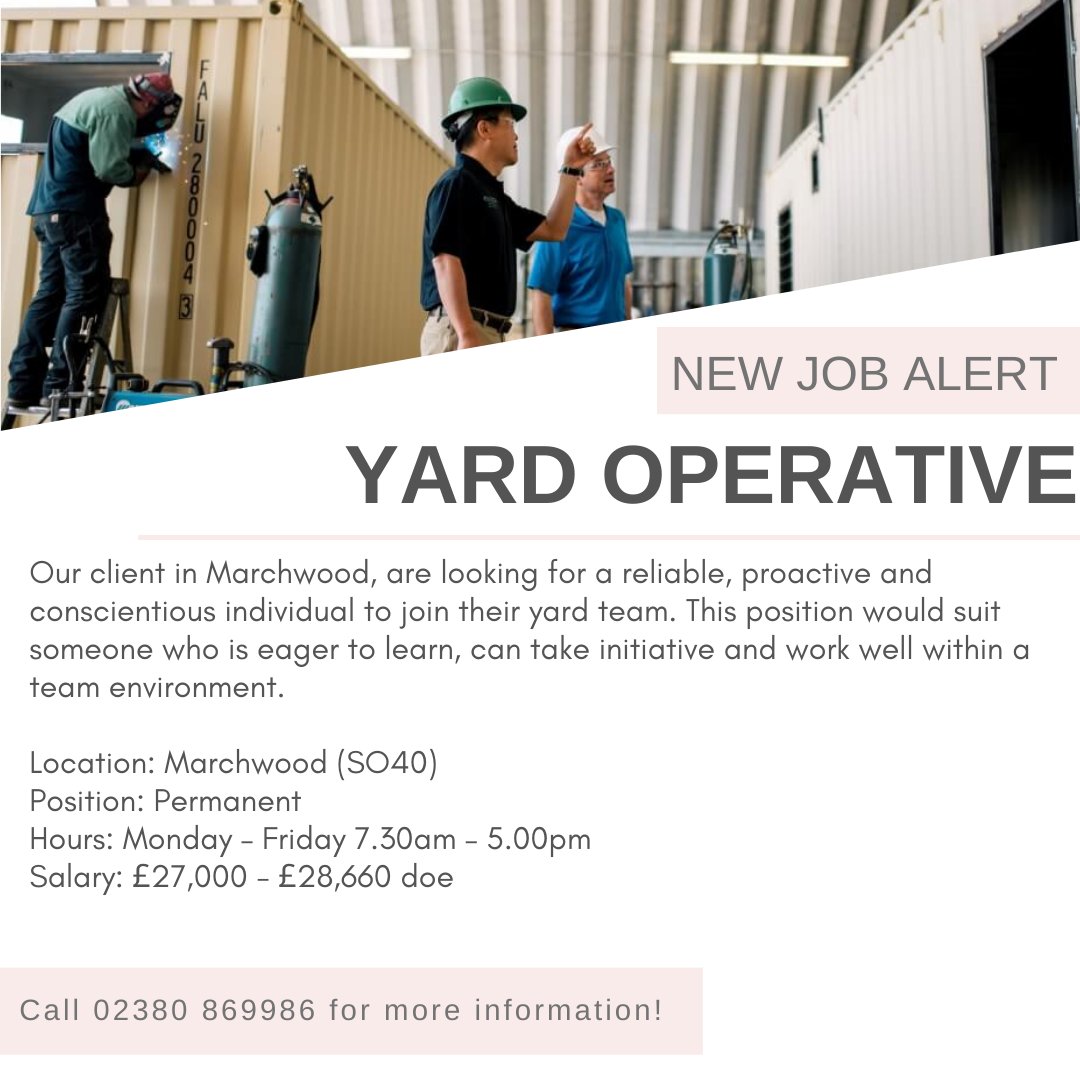 This position involves the repair and maintenance of cabins and containers. Give Alex a call on 02380 869986 for more info.
#Marchwood #NewJob #YardOperative #Construction #ApplyToday #CallMayday #MaydayPersonnel #MaydayRecruitment