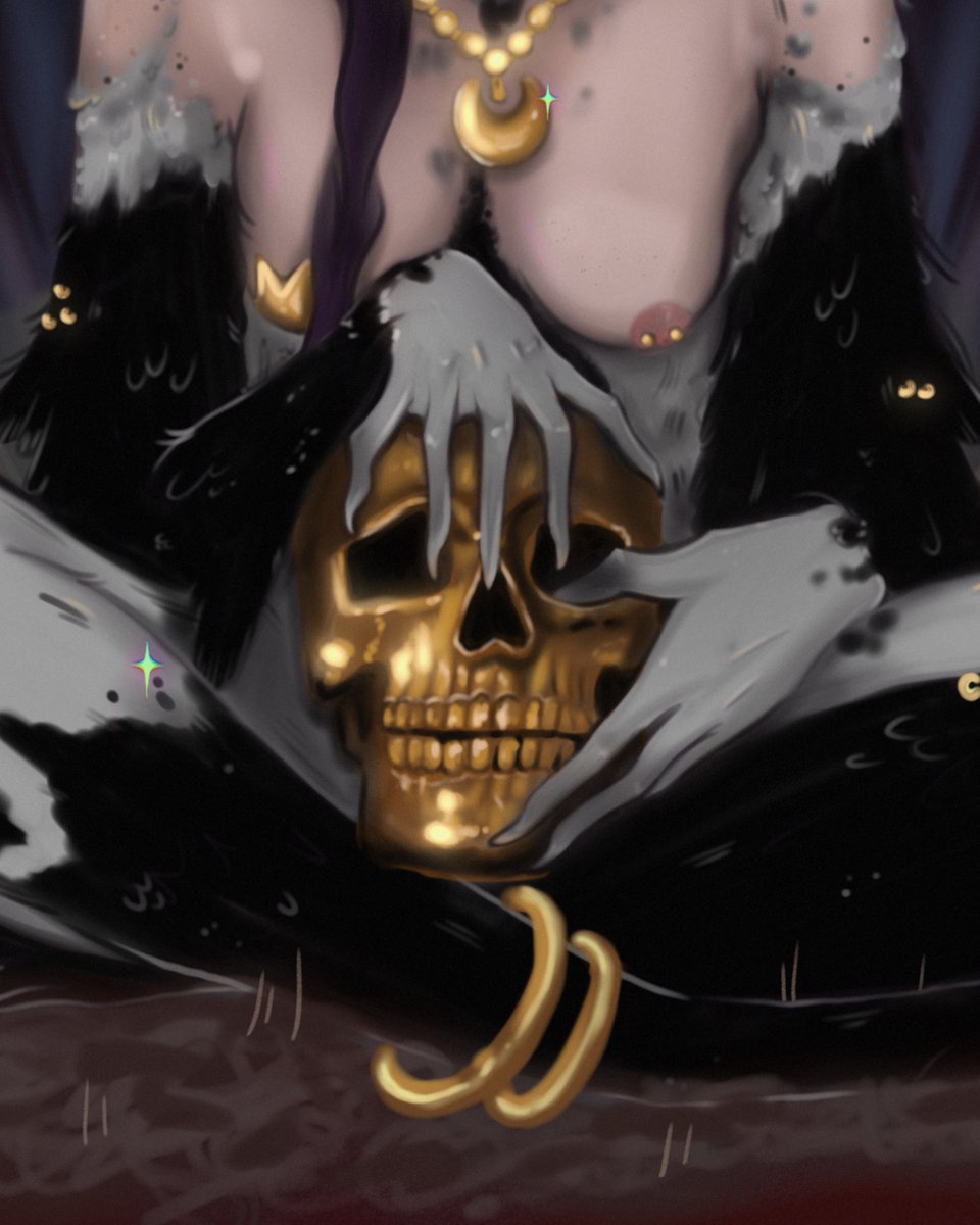 ⛓️1/2
✦ Sister magpie keeps her treasures in a cosy nest. See the golden skull in her hands? Her best trophy. It's the head of the hunter who wanted to trespass on her secrets.