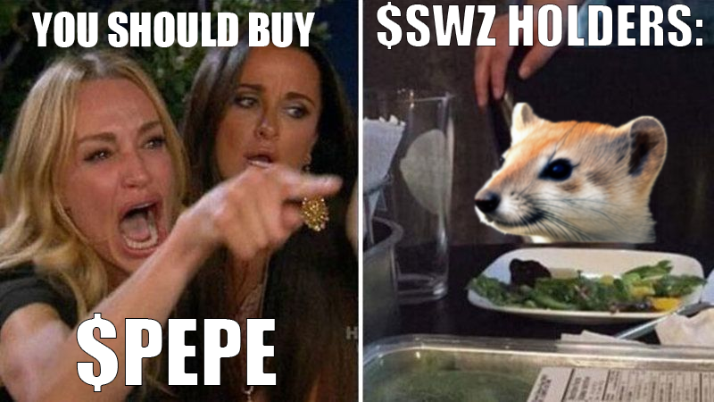 Don't tell Sweaz what to do!

Sweasel is comfy on his stack of deflationary #memecoin $SWZ while others are fighting and yelling about #pepe frog (who make delicious #Sweaselsnax btw)

Why waste so much monies on eth gas fees when you could be slurping $SWZ with ease on #Hedera ?