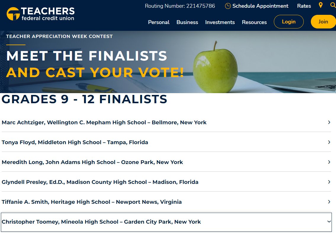 I'm #MineolaProud to announce that out of over 1,000 nominations, I'm a top 6 finalist for the <a href="/teachersfcu/">Teachers FCU</a> Teacher Appreciation Contest! Voting is this week only. Please visit teachersfcu.org/teacher-apprec… and scroll all the way down to vote for me! <a href="/MineolaUFSD/">Mineola UFSD</a> <a href="/mineolahs/">Mineola High School</a> 🎵🎵🎵