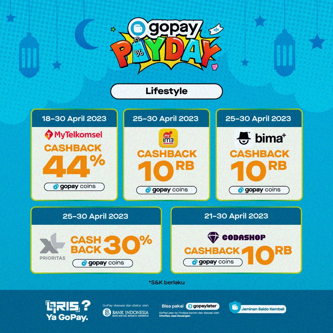 gopayindonesia's tweet photo. Udah siap buat ikutan #GOPAYPAYDAY?

Catat tanggalnya, 25–30 April 2023. Ada CASHBACK GoPay Coins hingga 50% yang bisa kamu dapetin di mana-mana! Psst, promonya bisa langsung kamu pakai tanpa kode promo, lho.

S&amp;K berlaku, cek di https://t.co/vDlYzx4hYa https://t.co/3JOvAZRIP6