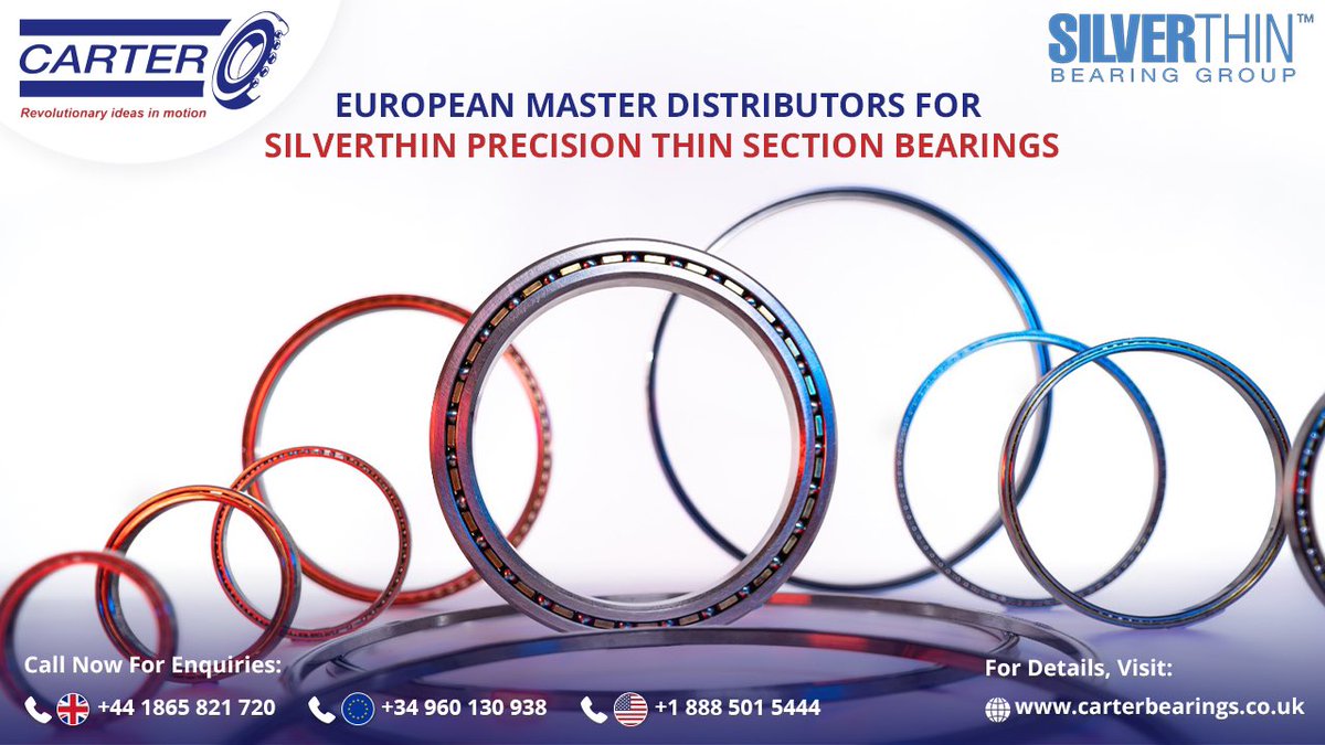 carterbearings's tweet photo. We are the European Master Distributors of #Silverthin precision #thinsectionbearings for the last 16 years. We offer an extensive range of Silverthin bearings in various sizes & configurations to meet different application requirements from our UK & European stocking locations. https://t.co/mLAqhgi1U1