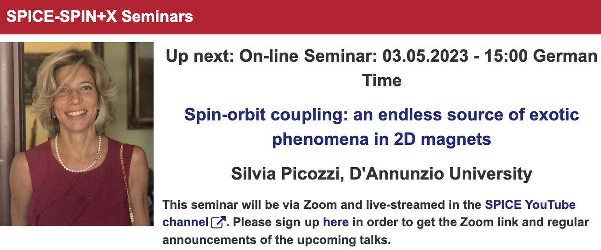 SPICE_Mainz's tweet image. Talk on Wed. at 15:00, May 5th, by Silvia Picozzi at the
@SPICE_Mainz - @spin_plus_x seminars - Spin-orbit coupling: an endless source of exotic phenomena in 2D magnets - spice.uni-mainz.de/2023/02/08/295… by Zoom-Webinar or live on #SPICEYouTube