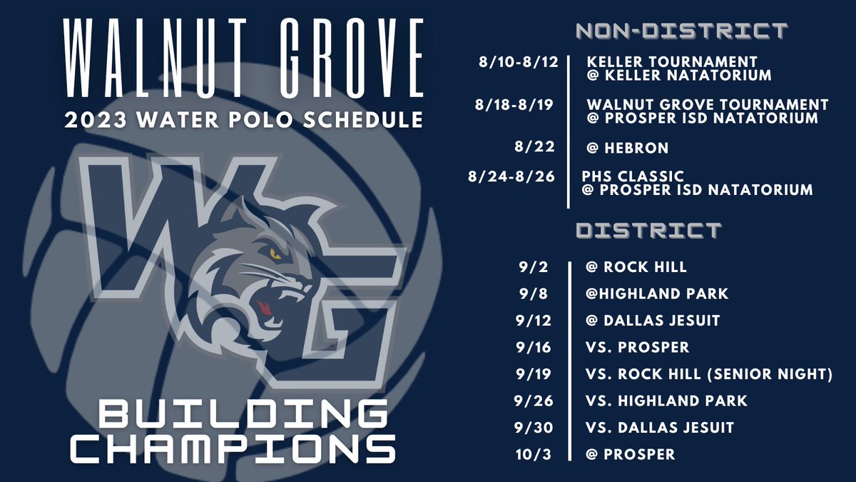 2023 Walnut Grove Water Polo Schedule 🤽🏼‍♂️🤽🏻‍♀️

#BuildingChampions 
#BeBetterBeDifferent