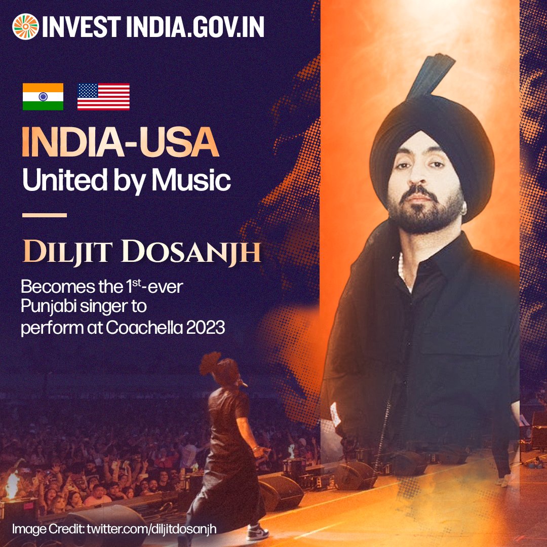 InvestIndiaUSA's tweet photo. #IndiaAndTheWorld

@diljitdosanjh made #India proud with his enthralling performance at @coachella, where even the other leading artists couldn’t stop grooving!

Discover #IndiaUSRelations 🤝: https://t.co/EXHtViyXRT

#InvestIndia #InvestInIndia #USIndiaRelations @CGISFO https://t.co/zS7x10PRiR