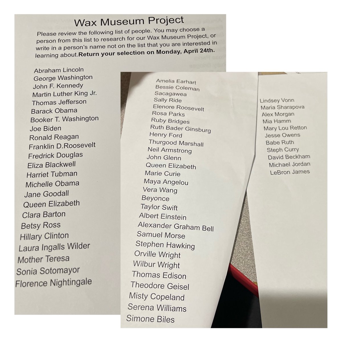 My 2nd grader is to pick 2 from this list of “important ppl” for a project. Why is Joe Biden, Hillary Clinton, Michelle Obama on the list but Donald Trump is not….  with that being said, proud to say my son chose Nikola Tesla and @realDonaldTrump . 😎 #raiselionsnotsheep