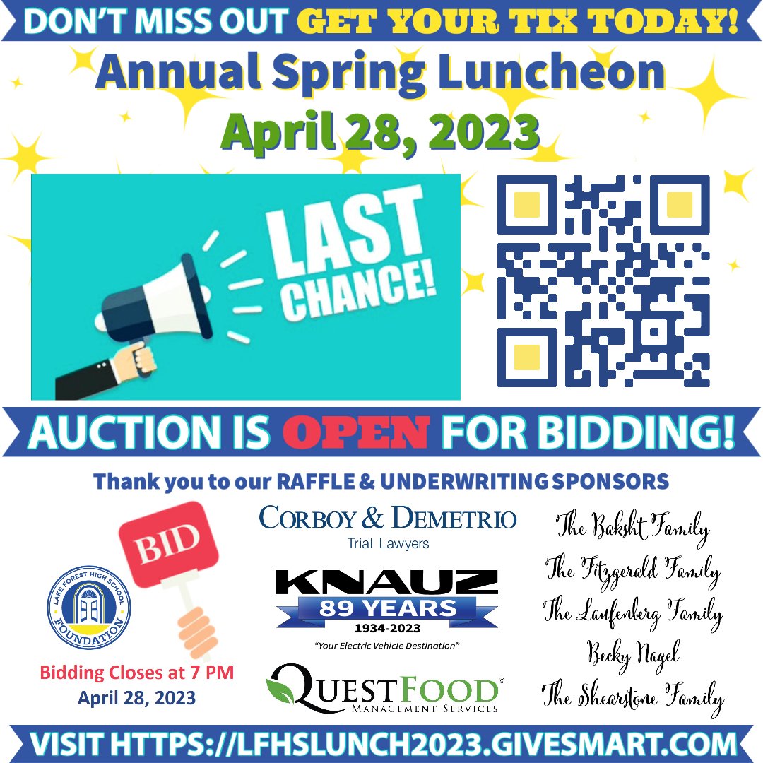 REMINDER: If you are planning to join us for our Annual Spring Luncheon this Friday, please purchase your tickets today. Ticket sales will be closing tomorrow (4/25) at noon. We look forward to seeing everyone on Friday!! LFHSLUNCH2023.givesmart.com