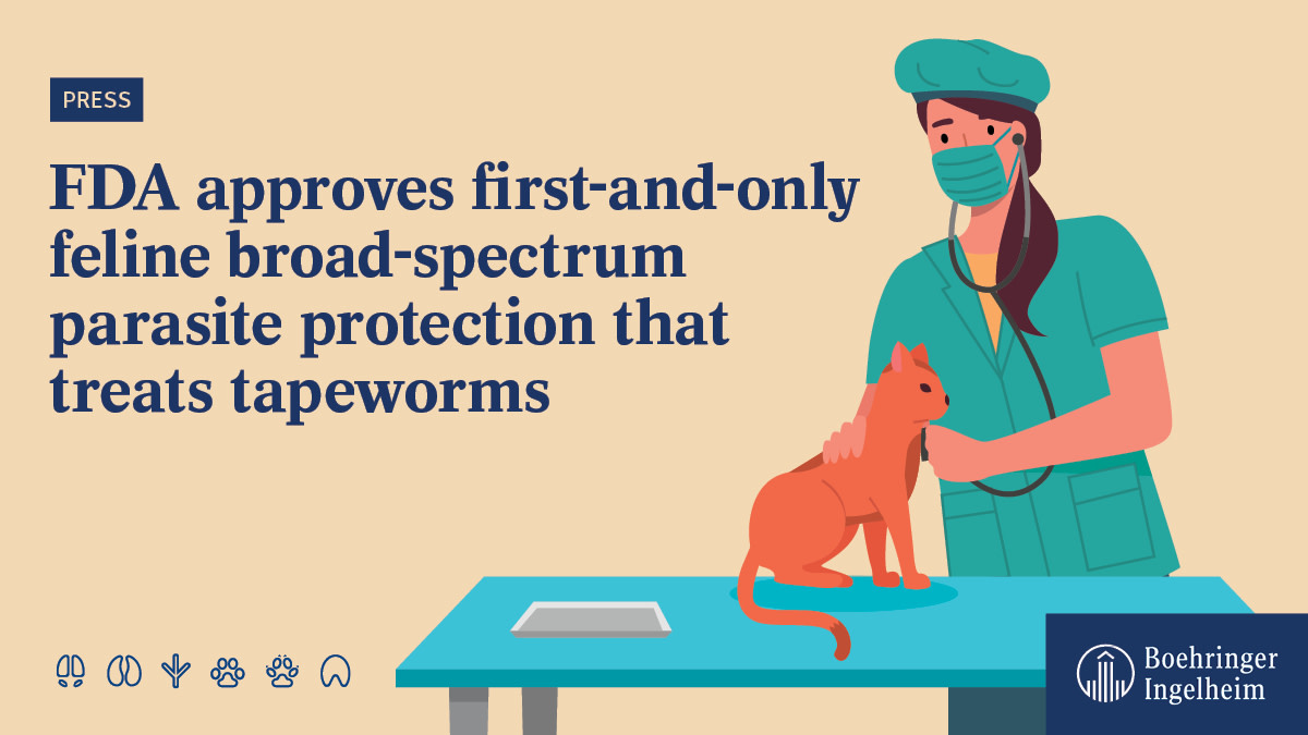 #PRESS: We believe no pet should suffer from parasitic infections. Today's <a href="/US_FDA/">U.S. FDA</a> approval of the first-and-only feline broad-spectrum parasite protection that treats tapeworms is an important step toward meeting that goal. bit.ly/3KXQtpw