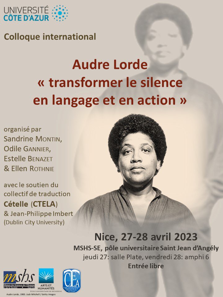 [COLLOQUE INTERNATIONAL]
Audre Lorde « Transformer le silence en langage et en action »

🗓Les 27 et 28 avril 
📍Au pôle universitaire Saint Jean d’Angély 

Venez découvrir le programme en ligne : creates.univ-cotedazur.fr/actualites/col…

<a href="/Univ_CotedAzur/">Université Côte d'Azur</a> 
@MSHSSudEst 
@dcudubl