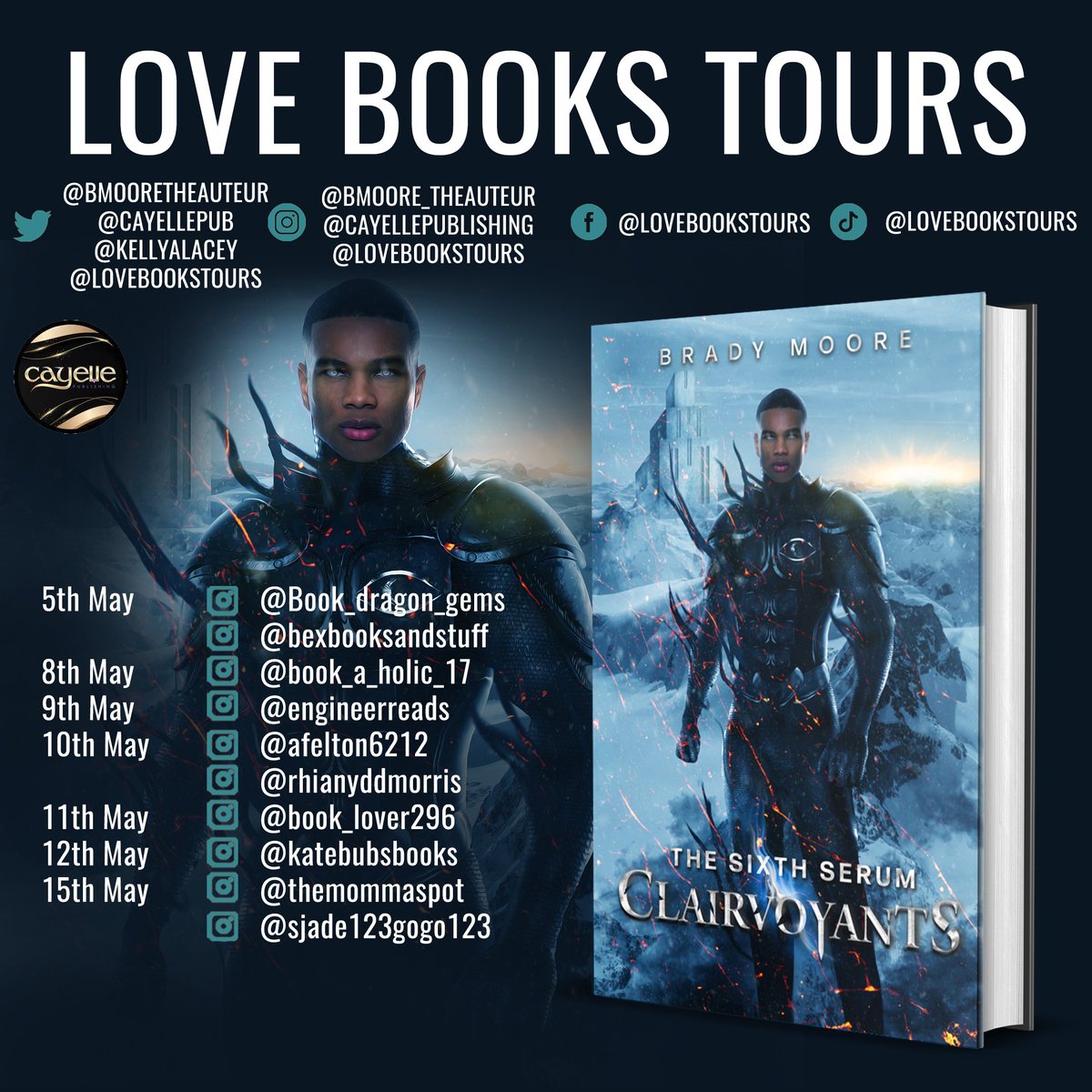 KellyALacey's tweet photo. Join us in exploring #TheSixthSerum @BMooreTheAuteur @cayellepub on its #virtualbooktours, organised by @lovebookstours! 📚 From 5-15th May, this surge teen fantasy-sci-fi will test loyalties & reveal dark secrets! Who will Rion & the Clairvoyants choose? https://t.co/ih6A8WuGrS