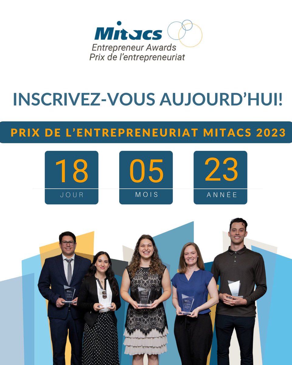 Les inscriptions aux Prix de l’entrepreneuriat Mitacs 2023 sont OUVERTES! 🎉 Célébrez le meilleur de l’#innovation et les #recherches de #JeunesPousses. RDV le 18 mai pour savoir qui a remporté un prix! 👀 hopin.com/events/2023-mi…

#PrixEntMitacs #entrepreneuriat