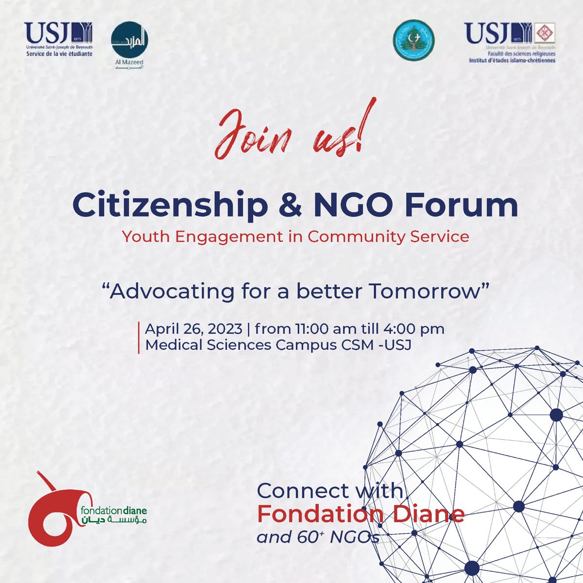 ceedd_usj's tweet photo. Join us for a day of advocacy, networking and community building at the 𝐂𝐢𝐭𝐢𝐳𝐞𝐧𝐬𝐡𝐢𝐩 𝐚𝐧𝐝 𝐍𝐆𝐎𝐬 𝐅𝐨𝐫𝐮𝐦on April 26, 2023 at the Human Science &amp; Medical Sciences campus (CSM) - USJ; a dynamic and inspiring event to equip you with the tools to create   change. https://t.co/dhC1BTs4Cy