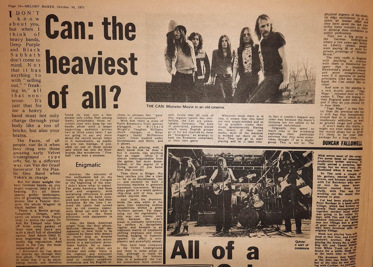 JoeBanksWriter's tweet photo. Here's something cool. The sleevenotes to the UK release of Can's Tago Mago were taken from a Melody Maker article written by Duncan Fallowell, which included the line, "The only outfit in England with anything in common with them is Hawkwind". This is the original article 1/2 https://t.co/BjBC2vU9rs