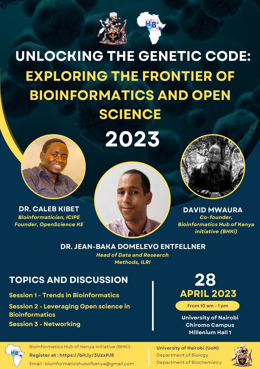 Bioinformatics Hub of Kenya (@bioinfohub_ke) on Twitter photo We'll be at the University of Nairobi <a href="/uonbi/">University of Nairobi</a> this Friday 🗓️28th April 2023 for an exciting campus outreach!
If you'll be at the Chiromo Campus please stop by Millennium Hall 1 from 🕙10am to learn about cutting-edge research & trends in #Bioinformatics and #OpenScience We'll be at the University of Nairobi <a href="/uonbi/">University of Nairobi</a> this Friday 🗓️28th April 2023 for an exciting campus outreach!
If you'll be at the Chiromo Campus please stop by Millennium Hall 1 from 🕙10am to learn about cutting-edge research & trends in #Bioinformatics and #OpenScience