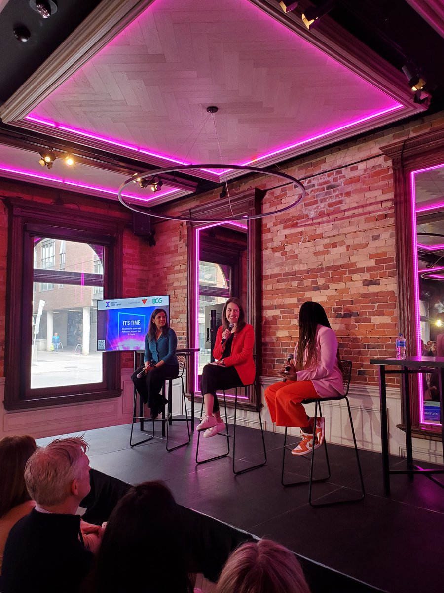 On stage to kick off the discussion on accelerating professional women’s sport in Canada is Allison Sandmeyer-Graves from Canadian Women & Sport (@WomenandSportCA), Nan DasGuota (@bcg), and Anika Jess (@Shes4Sports). #itstime