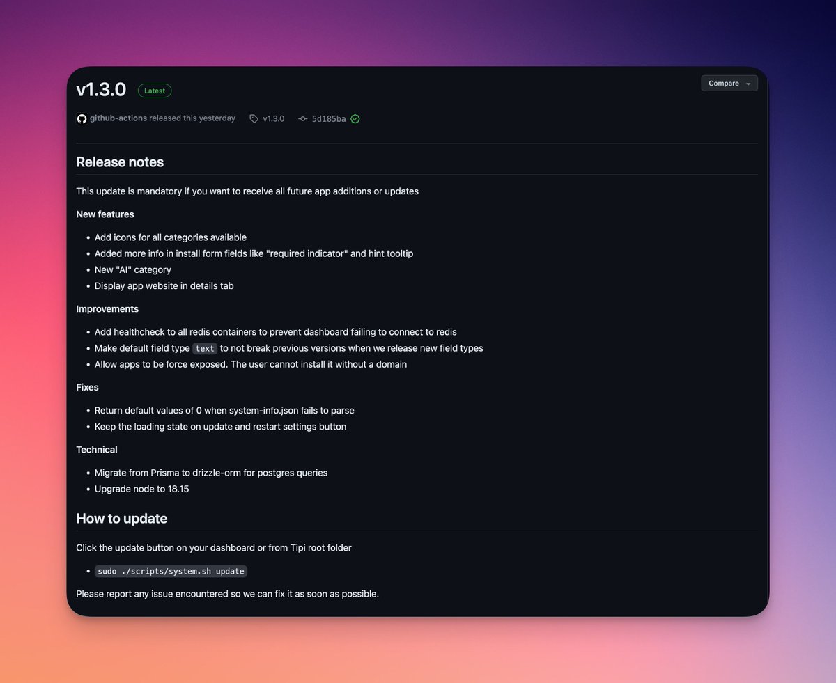 Took a Twitter break, but guess what? A new RunTipi updated dropped! Check out all the change logs for v1.3.0 over on the Github!

github.com/meienberger/ru…

#runtipi #tipi #docker #selfhosted 
#selfhosting