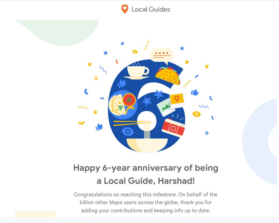 Happy 6-year anniversary of being a #LocalGuide, Harshad!

#anniversary #milestone