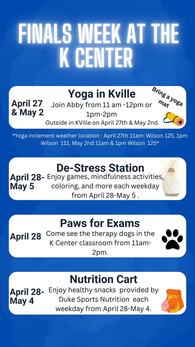 ❗️Starting this week❗️ 
Make sure you stop by the K-Center as you’re preparing for finals.