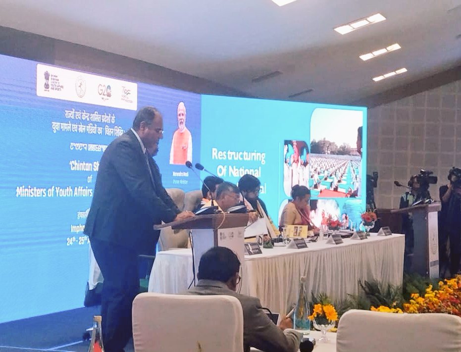 MYBharatHQ's tweet photo. Sh. Nitesh Kumar Mishra (@NITKM2021) JS, YA and DG,NYKS making presentation on restructured National Youth Festival during National level Conference of all State Youth Ministers being organised in Imphal, Manipur on today. https://t.co/sS70iNVCes