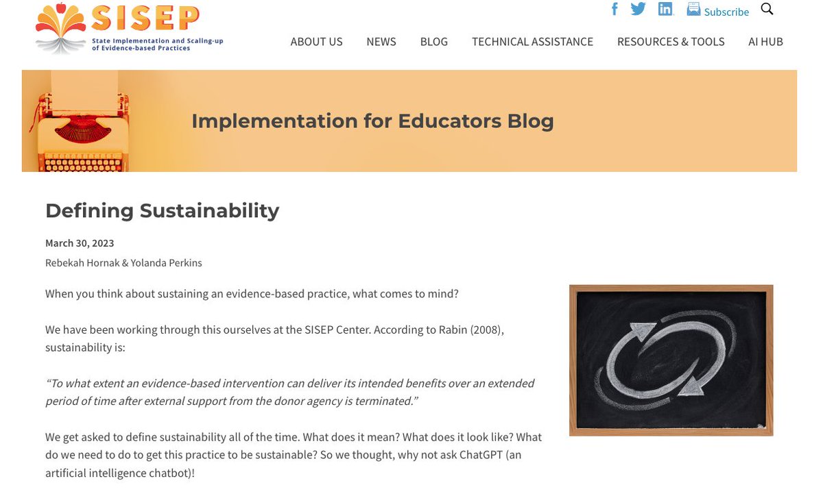 How does #ChatGPT define sustainability?  Check out the latest blog from @sisepcenter to learn what they discovered!
Read Now:  sisep.fpg.unc.edu/blog/defining-…
#implementation #blog <a href="/rebekahhornak/">Rebekah Hornak</a>