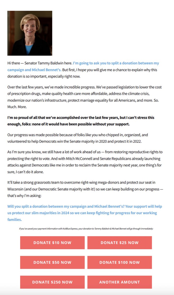 PunditAnalytics's tweet photo. Senate Democrats have aggressively utilized donation splits as they announce reelection campaigns. 

Tammy Baldwin is no exception. 

Senators Murray, Bennet, Klobuchar, and Hirono sent solicitations to their lists that included splits with Baldwin. 
https://t.co/T5XKJb65lq https://t.co/WWyh3egjef