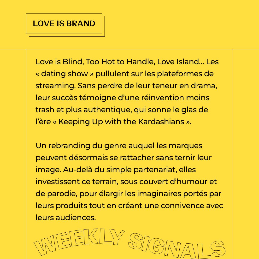 WConranDesign's tweet image. 🚨 Weekly Signals #53 – LOVE IS BRAND 🚨 
 
￼💘Marques et émissions de rencontres : le « perfect match »💘

Pour en savoir plus 👉 linkedin.com/posts/wcie_wee…