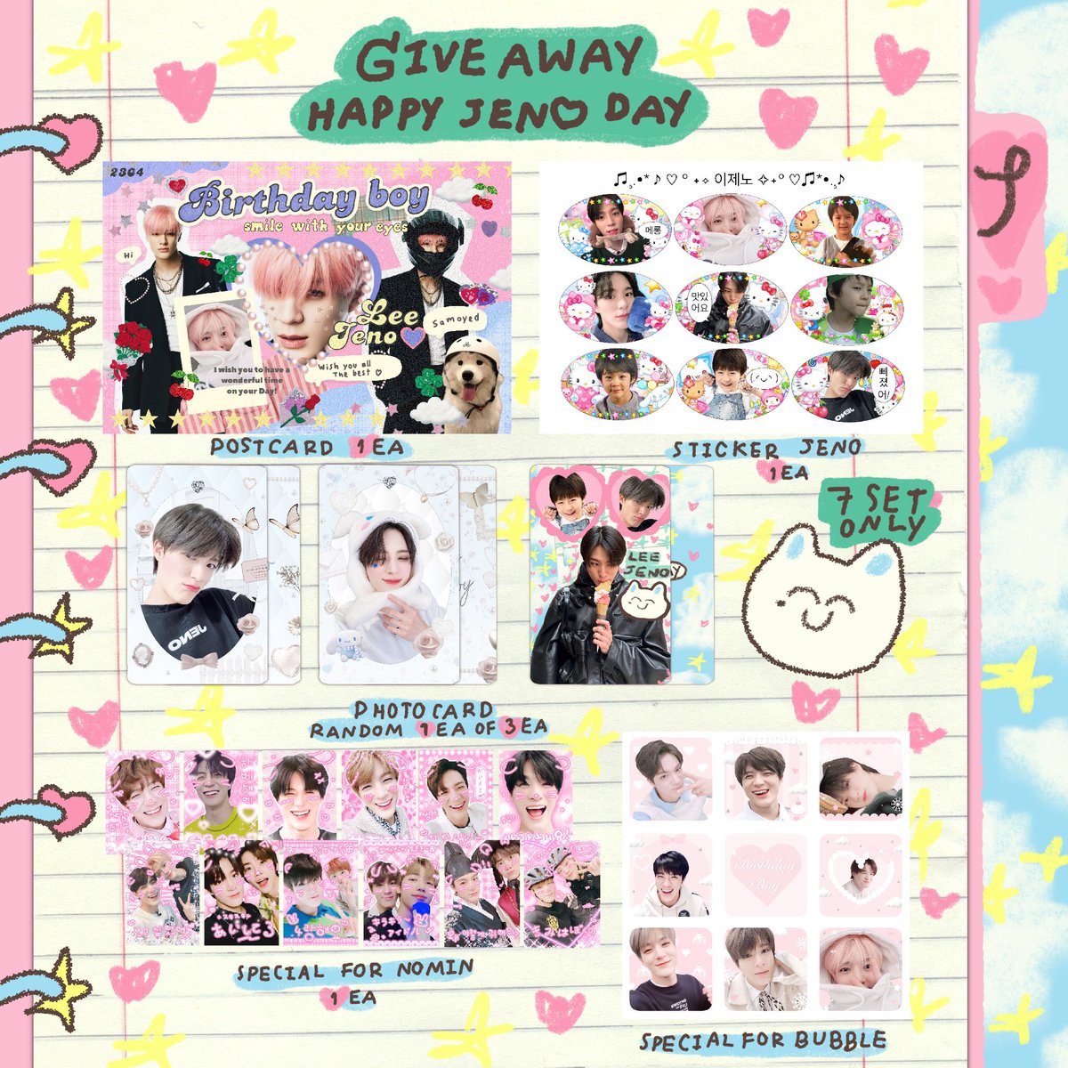 leejen00_ptp's tweet photo. Pls kindly rt ✧
♡︎ 7 set only 
  postcard 1 ea 
  photocard random 1 ea 
  sticker jeno 1 ea
 🍰 Special sticker for bubble jeno 🐶

☆ﾟSpecial for nomin ｡ﾟ✩  
  sticker nomin 1 ea 

⟢ gg form : 27/04  time : 20.30 pm

#HAPPYJENODAY #JENO https://t.co/FEEmU5F85F