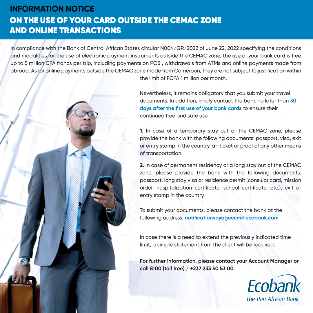 EcobankCameroun's tweet image. Leaving the country ? 🤔

 In order to avoid any difficulties while being abroad, kindly inform your account manager before leaving to ensure hassle-free use of your bank card.   For more information contact us to: 8100 (Toll free number) or  +237 233 50 53 00.
#CustomerAlert