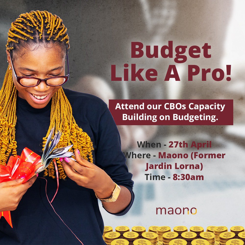 Kilifi CBOs,

Don't miss out on our upcoming capacity building session on budgeting. 

Join us as we equip you with the necessary skills to manage your finances effectively. 

Contact 0796036080 for more information.
#maonospace #njoomaono
