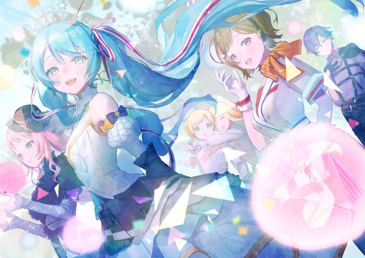 初音ミク ,鏡音レン ,鏡音リン ,カイト(ボーカロイド) ,巡音ルカ ,メイコ(VOCALOID) 「#prsk_fa 楽しいをいっぱいありがとう 」|っmnのイラスト