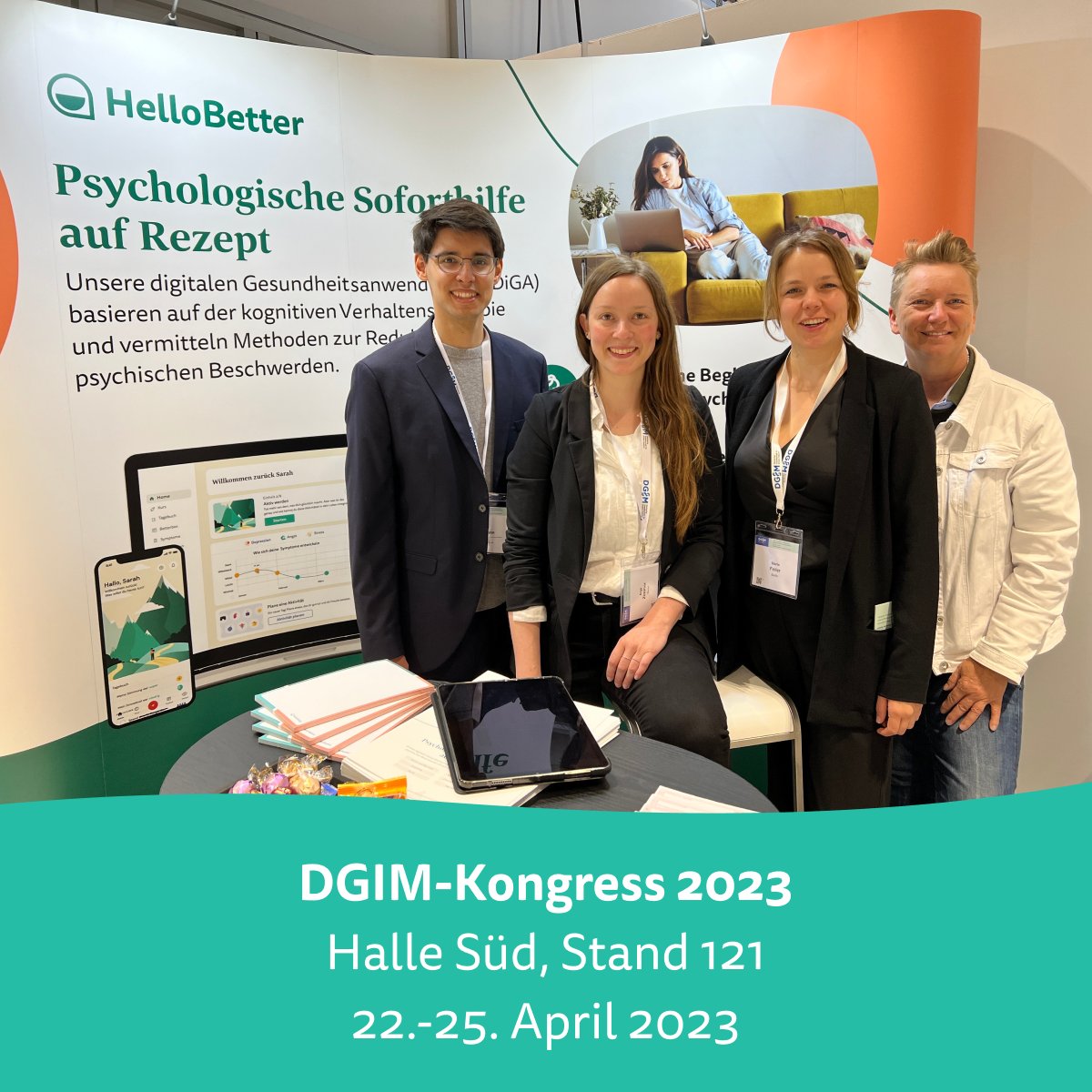 Aktuell findet der 129. Kongress der Deutschen Gesellschaft für Innere Medizin (DGIM) im RheinMain CongressCenter Wiesbaden statt. Besuchen Sie uns heute oder morgen in der Halle Süd Stand 121 und lernen Sie unsere psychologische Soforthilfe auf Rezept kennen.