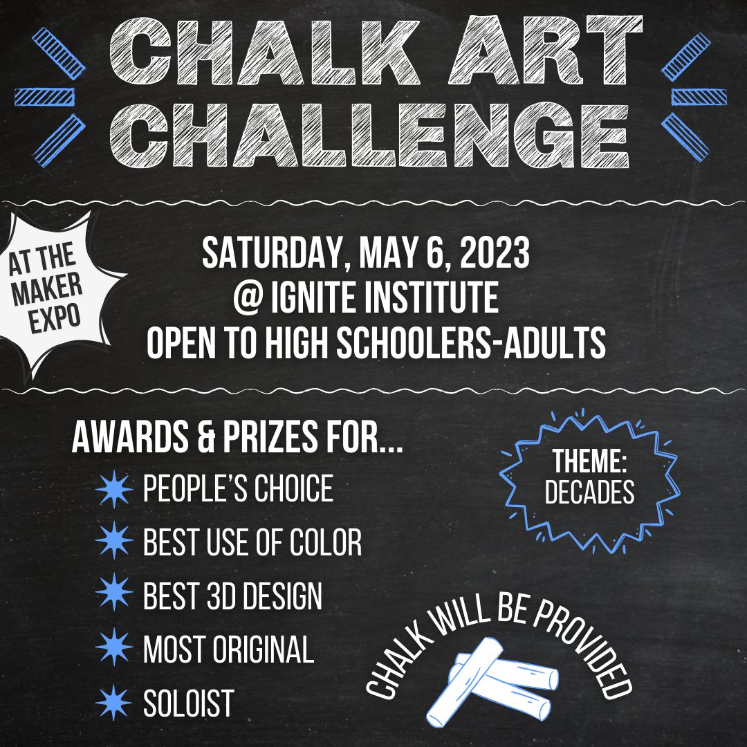 Less than two weeks till the Maker Expo!  There is still time to register for the Chalk Art Challenge if you are interested. The challenge is open for high schoolers and adults.
For more information go to
themakerexpo.com/chalk-art-chal…
<a href="/Boone_County/">Boone County Schools</a> <a href="/TheKCSD/">Kenton County School District</a> <a href="/MakerExpo/">Maker Expo</a> <a href="/IgniteAtRIC/">Ignite Institute</a>