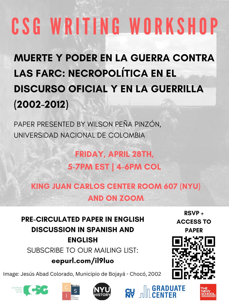 Colombianistas &amp; others! 
Please join us this Friday, 5pm EDT | 4pm COL
We will discuss the intro and conclusion to Wilson Peña's (UNAL) Masters thesis, which explores the relationship between necropolitics, the guerrilla, and the state. 

Please RSVP: forms.gle/KK49fdFCv3shpS…
