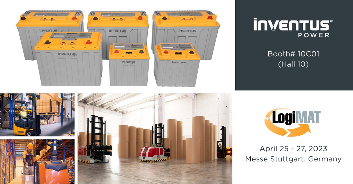InventusPower's tweet photo. #LogiMAT 2023 opens this week - April 25-27 in Germany!  Visit Inventus Power booth 10C01 &amp; see why #PROformance Li-ion batteries are superior to lead-acid &amp; other lithium solutions for powering AGVs, pallet jacks &amp; other #materialhandling applications! https://t.co/ezHSV4ihXk https://t.co/JS4IIc6aTM