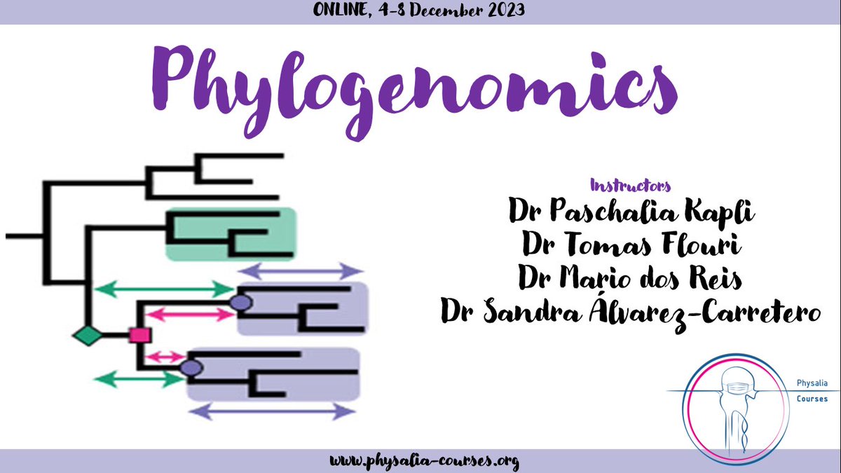 🥁Our #Phylogenomics course is back🔙with this amazing lineup of instructors @PKapli Tomas Flouri @mariodosreis @sabifo4 We'll also have a guest lecture by @zihengyang about #MSCi! Check it out: physalia-courses.org/courses-worksh… #Genomics #Bioinformatics #evolution