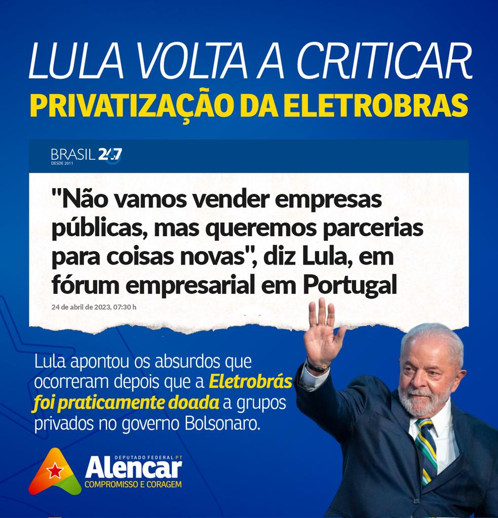 AlencarBraga13's tweet photo. ⚡⚡⚡
Em Portugal, Lula volta a criticar privatização da Eletrobras 

O que aconteceu com a Eletrobras não vai se repetir no governo @LulaOficial e vamos seguir lutando pra reverter essa privatização criminosa e punir os responsáveis por esse golpe!
#ReestatizaEletrobrasJá https://t.co/n054zpoxZk