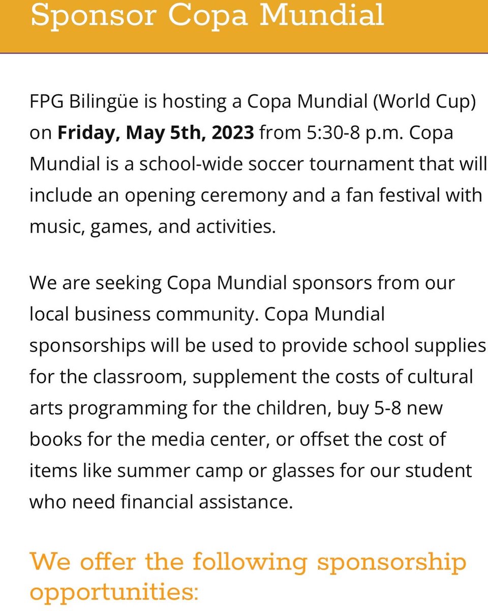 Own a business? PLEASE become a sponsor for our May 5th event—Copa Mundial: fpgpta.org/copa-mundial-s…
