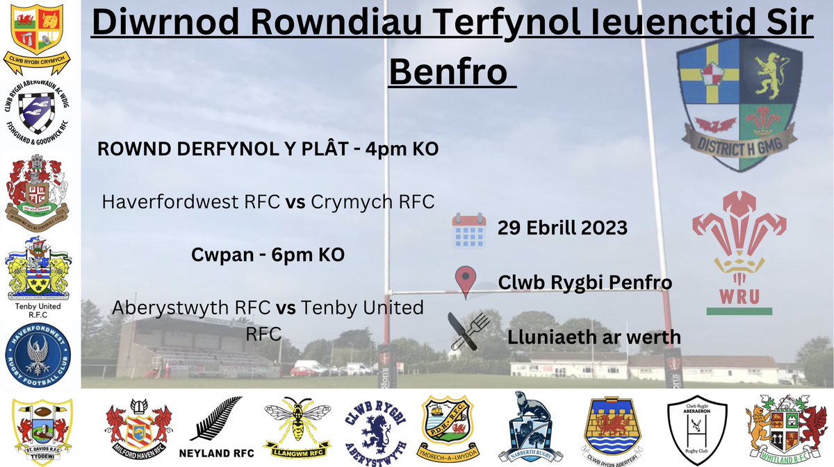 🚨PEMBROKESHIRE Finals Day🚨

Saturday 29th April - Youth Finals Day at @PembrokeRFC. 

Sunday 30th April - Junior Finals Day at @RygbiCrymych.

Congratulations and best of luck to all teams👊🏽

#grassroots #communityrugby
