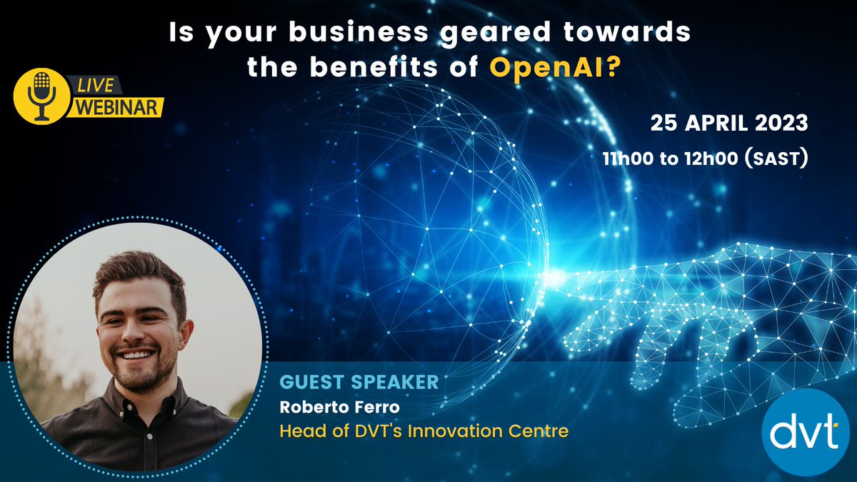 🤖📷 Don't miss out on our Tech Talk Webinar tomorrow, 25 April on "Is your business geared towards the benefits of #OpenAI?" Join Roberto Ferro, Head of DVT's Innovation Centre. 
Register via LinkedIn: linkedin.com/events/7051828…
#chatgpt #ai #innovation