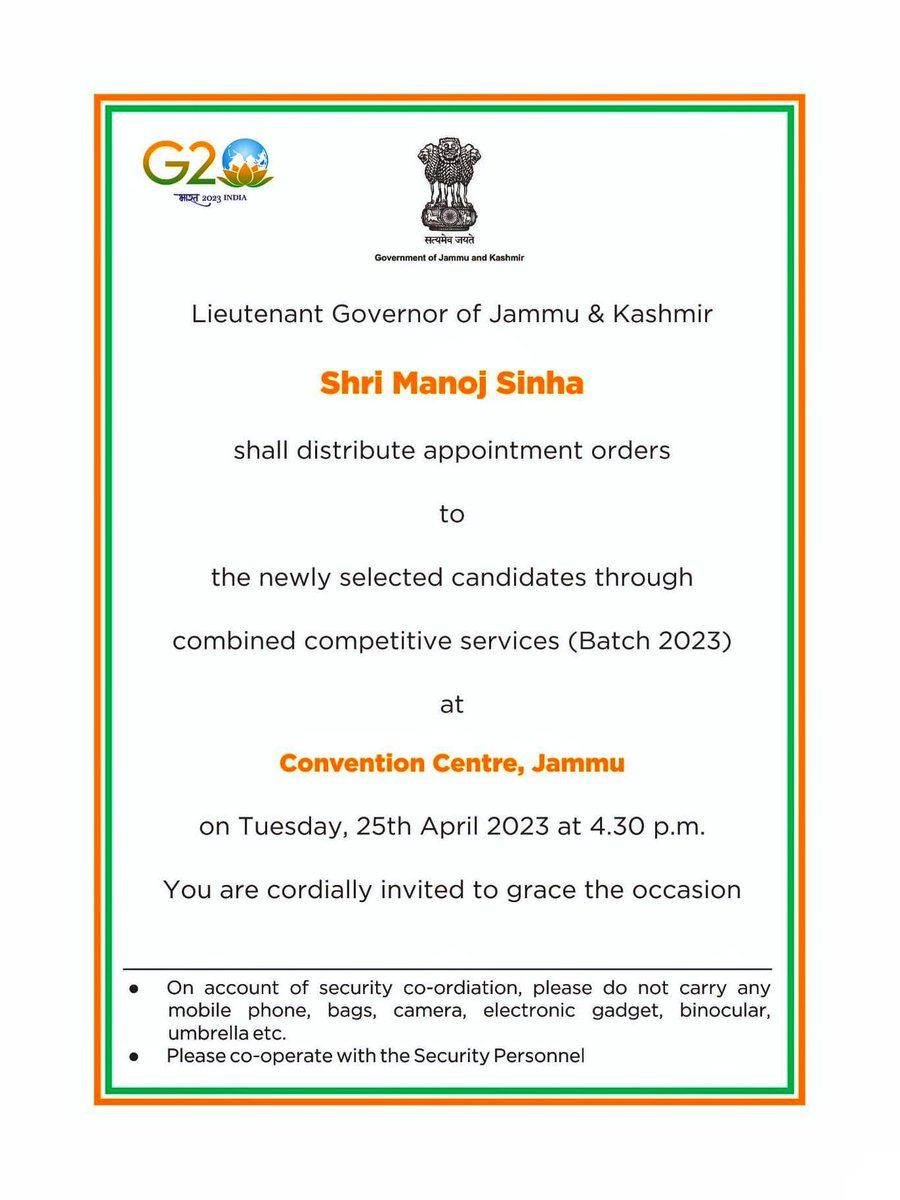 We're delighted to share d news dat d Hon'ble LG of J&amp;K, vil present appointment orders to Batch 2023 of newly selected JKAS.This is a momentous occasion, as it is the First time a batch of newly selected Civil service candidates vil receive deir appointment orders frm d HLG.
1/2
