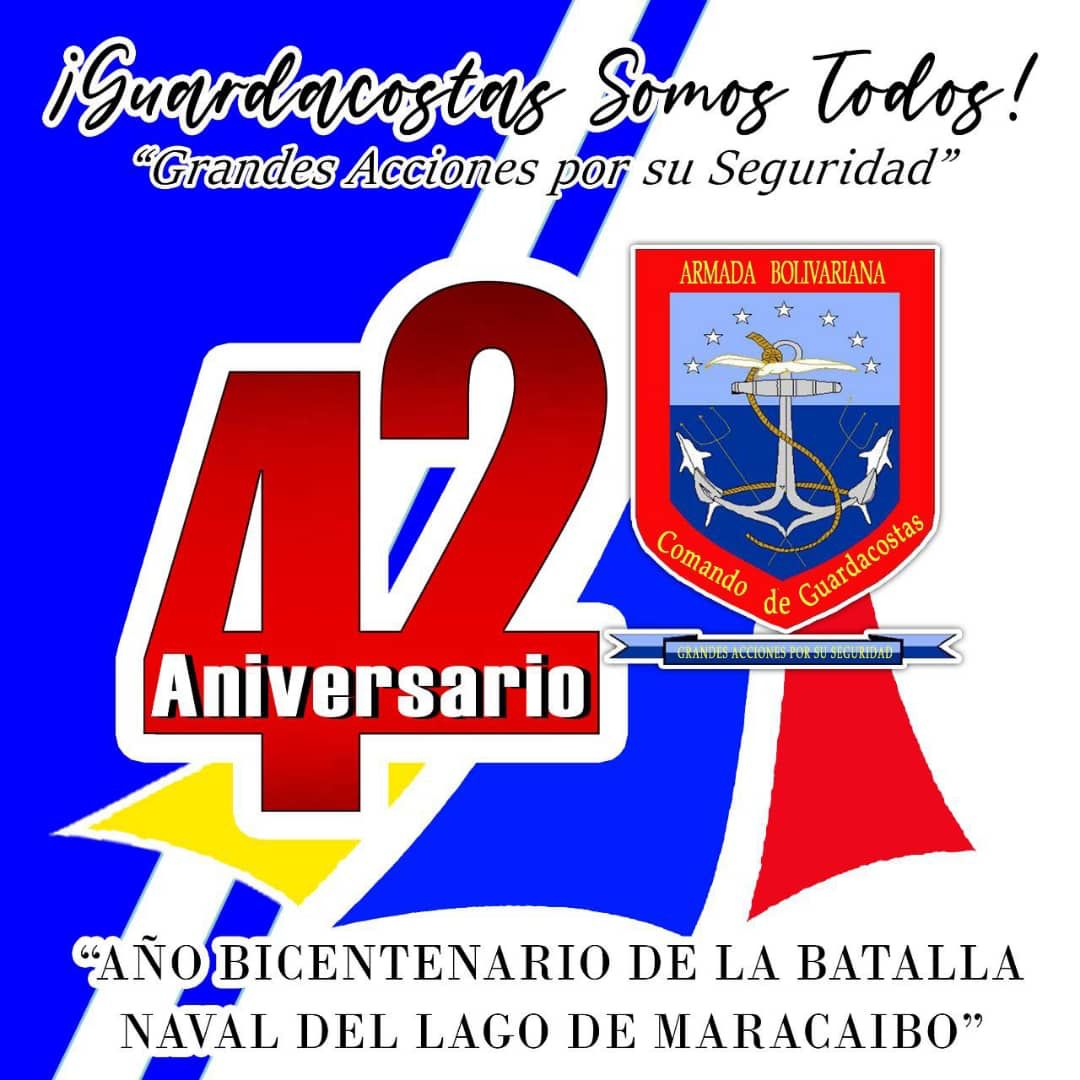 📣#Aniversario|| Hoy, el Vicealmirante Jorge Alejandro Aguero Montes, Comandante de Guardacostas, FELICITA EFUSIVAMENTE a las Mujeres y Hombres que honra en comandar, pertenecientes al Gran Comando de Guardacostas, por arribar hoy a su Cuadragésimo Segundo Aniversario (XLII)!