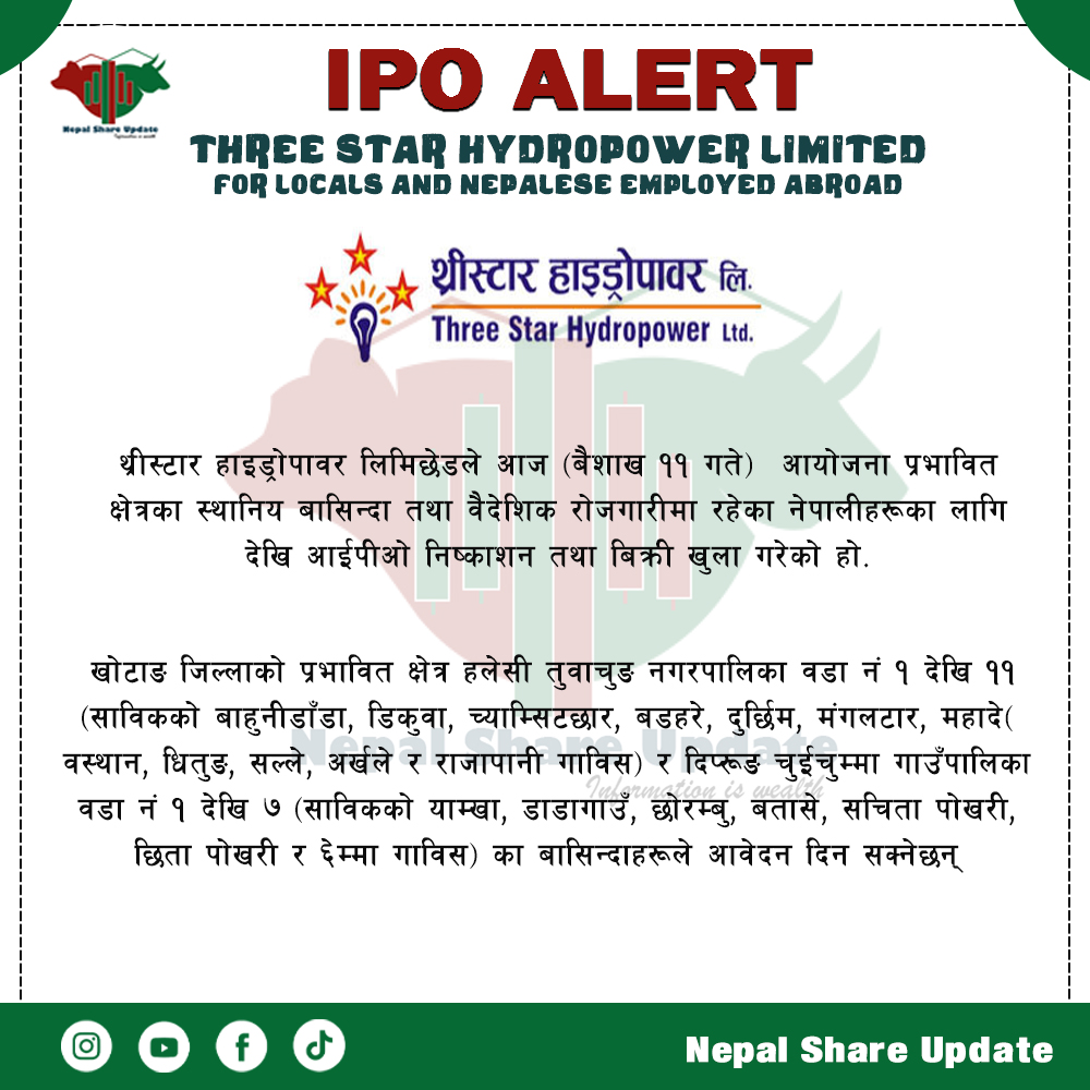 nepalshare_'s tweet photo. थ्रीस्टार हाइड्रोपावरको आईपीओ निष्काशन तथा बिक्री खुला
Follow nepal share update for more news.
#IPO #ipoforlocal #stocks #NEPSE #sharebazar #fypシツ #nepalshareupdate https://t.co/BogMLcZpRQ