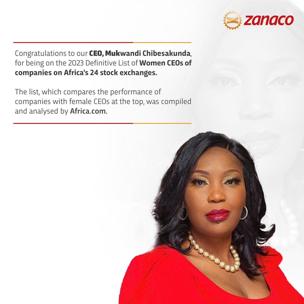 zanacoplc's tweet photo. Congratulations to our CEO, Mukwandi Chibesakunda, for being on the 2023 Definitive List of Women CEOs of companies on Africa's 24 stock exchanges.

https://t.co/H6B5St3xae https://t.co/U2sh4VjVhj