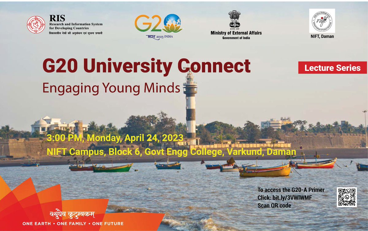 Starting soon: #G20 #UniversityConnect Engaging Young Minds at @DamanNift 
Join us: youtube.com/watch?v=PEb3AA…
@PMOIndia @MEAIndia @amitabhk87 @HShringla @g20org @G20_Bharat @MukteshPardeshi @Sachin_Chat @RIS_NewDelhi