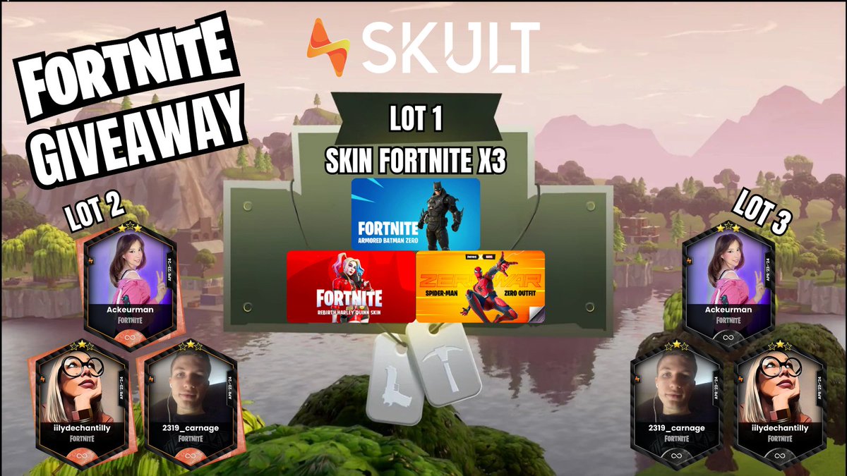 GIVEAWAY PACK 3⚡️   

Pour fêter l'arrivée de <a href="/Ackeurman/">Ackeurman</a> <a href="/iilydechantilly/">AURELIE Twitch</a> et <a href="/fabien_IRL/">iCarnageFN</a>  3 lots sont à gagner🎁:  

1⃣3 skins
2⃣3 bronzes du pack  
3⃣3 black du pack    

Pour participer RT+FOLLOW <a href="/SKULT_gg/">SKULT.gg ⚡️</a> et les Streamers + être inscrit sur la plateforme    

TAS le 02/05