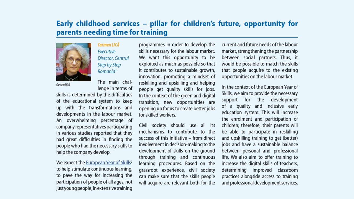 CSOGroupEESC's tweet image. The main challenge in terms of #skills is the difficulty of the education system to keep up with labour market developments...

Early childhood services 🟰 opportunity for parents who need time for training🗣️Carmen Lică

#EuropeanYearOfSkills

Read page 9👉europa.eu/!CYQW3T